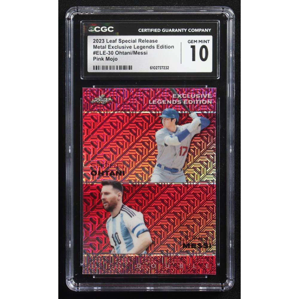 Lionel Messi / Shohei Ohtani 2023 Leaf Special Release Metal Exclusive Legends Edition Pink Mojo Double #ELE-30 #7/10 (CGC 10) at PristineAuction.com