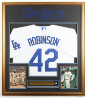 Jackie Robinson Custom Framed Jersey Display with Stat Plaque & Brooklyn Dodgers Pin at PristineAuction.com