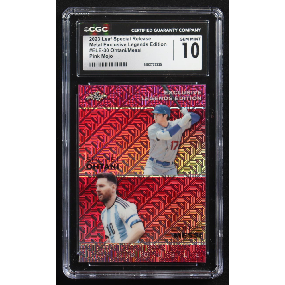 Lionel Messi / Shohei Ohtani 2023 Leaf Special Release Metal Exclusive Legends Edition Pink Mojo Double #ELE-30 #3/10 (CGC 10) at PristineAuction.com