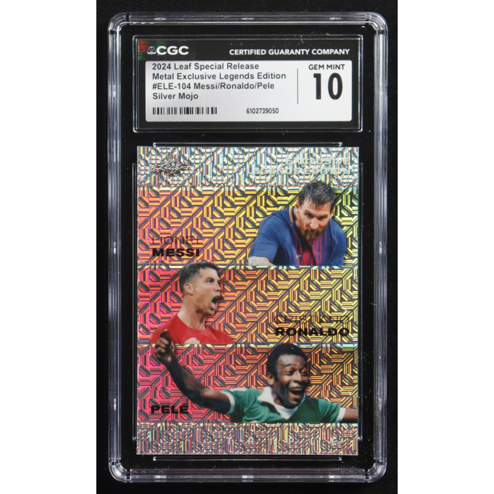 Pele / Lionel Messi / Cristiano Ronaldo 2024 Leaf Special Release Metal Exclusive Legends Edition Silver Mojo Triple #ELE-104 #14/25 (CGC 10) at PristineAuction.com