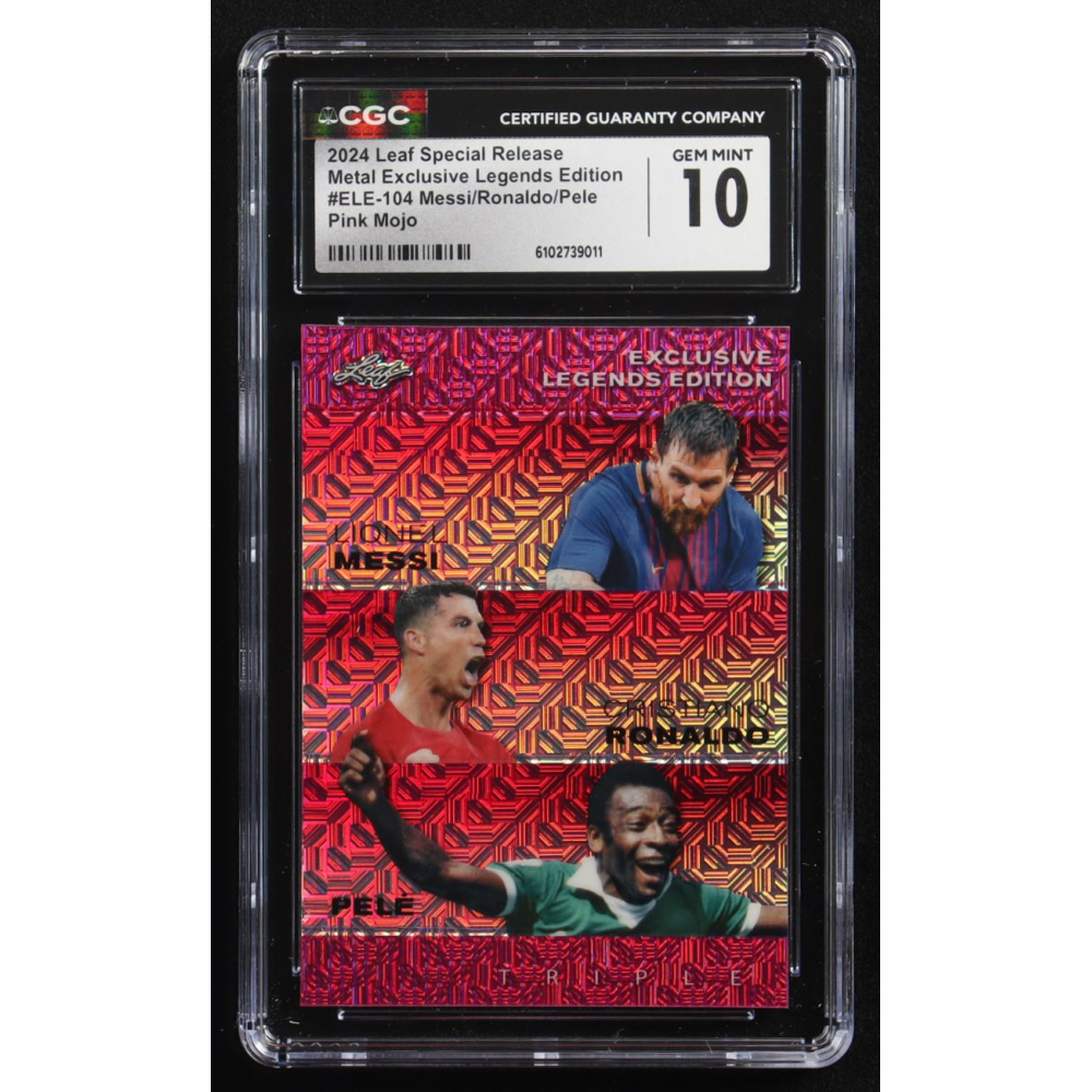 Pele / Lionel Messi / Cristiano Ronaldo 2024 Leaf Special Release Metal Exclusive Legends Edition Pink Mojo Triple #ELE-104 #2/10 (CGC 10) at PristineAuction.com
