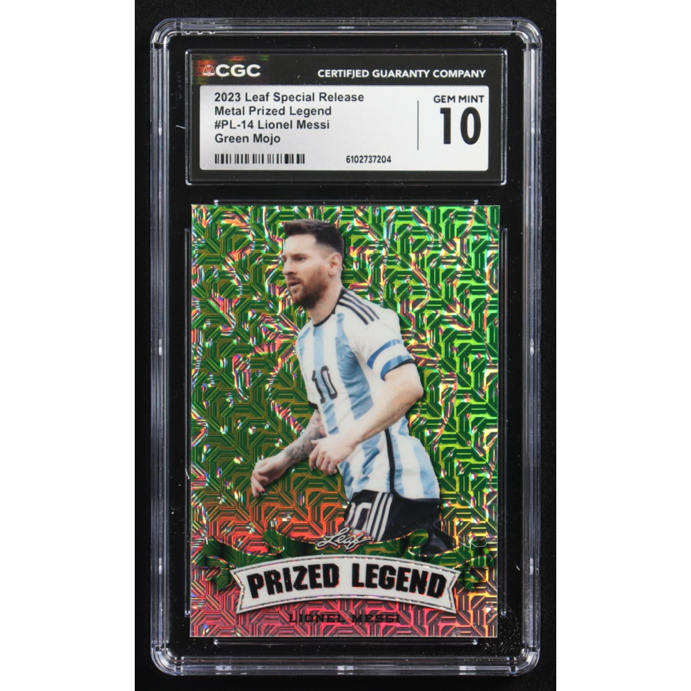 Lionel Messi 2023 Leaf Special Release Metal Prized Legend Green Mojo #PL-14 #3/5 (CGC 10) at PristineAuction.com