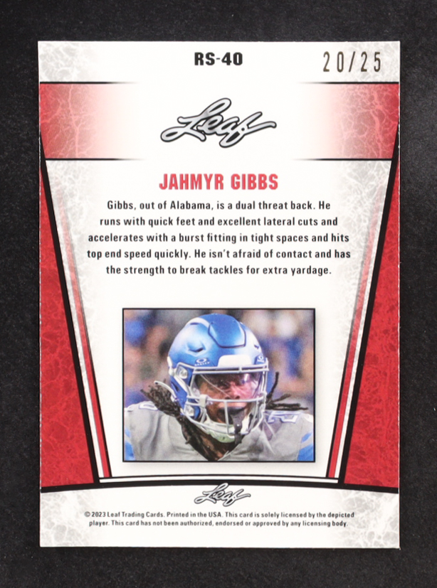 Jahmyr Gibbs 2023 Leaf Metal Special Release Rookie Silver Pulsar Silver #RS40 #20/25 RC at PristineAuction.com Jahmyr Gibbs 2023 Leaf Metal Special Release Rookie Silver Pulsar Silver #RS40 #20/25 RC at PristineAuction.com