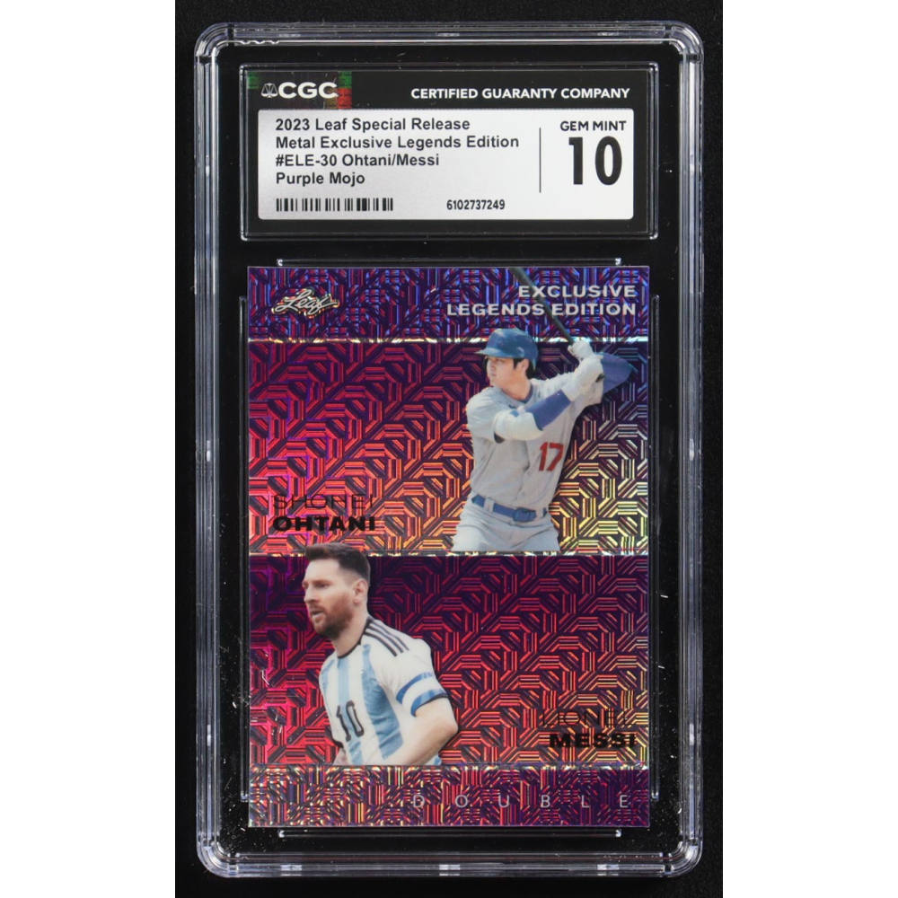 Lionel Messi / Shohei Ohtani 2023 Leaf Special Release Metal Exclusive Legends Edition Purple Mojo Double #ELE-30 #2/15 (CGC 10) at PristineAuction.com