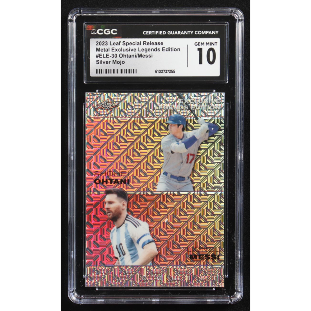 Lionel Messi / Shohei Ohtani 2023 Leaf Special Release Metal Exclusive Legends Edition Silver Mojo Double #ELE-30 #17/25 (CGC 10) at PristineAuction.com