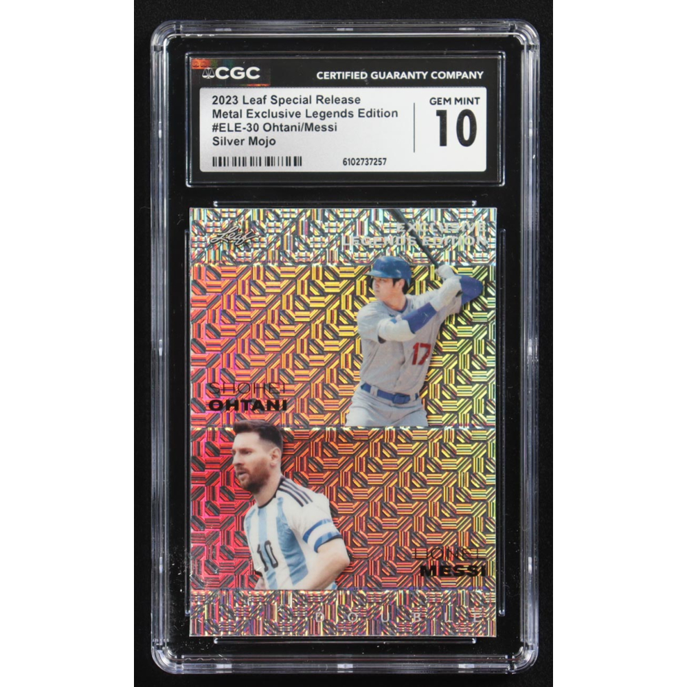 Lionel Messi / Shohei Ohtani 2023 Leaf Special Release Metal Exclusive Legends Edition Silver Mojo Double #ELE-30 #25/25 (CGC 10) at PristineAuction.com