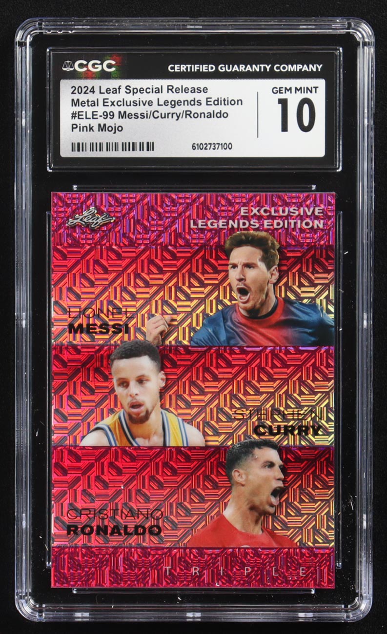 Stephen Curry / Lionel Messi / Cristiano Ronaldo 2024 Leaf Special Release Metal Exclusive Legends Edition Pink Mojo Triple #ELE-99 #1/10 (CGC 10) at PristineAuction.com Stephen Curry / Lionel Messi / Cristiano Ronaldo 2024 Leaf Special Release Metal Exclusive Legends Edition Pink Mojo Triple #ELE-99 #1/10 (CGC 10) at PristineAuction.com
