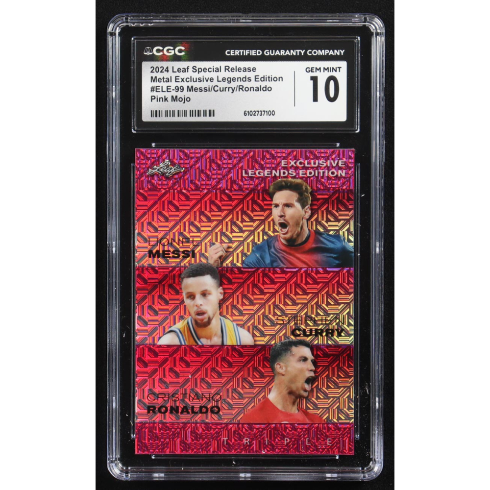 Stephen Curry / Lionel Messi / Cristiano Ronaldo 2024 Leaf Special Release Metal Exclusive Legends Edition Pink Mojo Triple #ELE-99 #1/10 (CGC 10) at PristineAuction.com