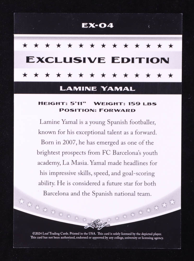 Lamine Yamal 2024 Leaf Exclusive Edition #EX04 #1/1 RC at PristineAuction.com Lamine Yamal 2024 Leaf Exclusive Edition #EX04 #1/1 RC at PristineAuction.com