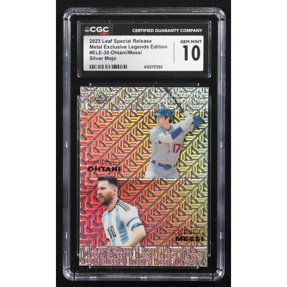 Lionel Messi / Shohei Ohtani 2023 Leaf Special Release Metal Exclusive Legends Edition Silver Mojo Double #ELE-30 #5/25 (CGC 10) at PristineAuction.com