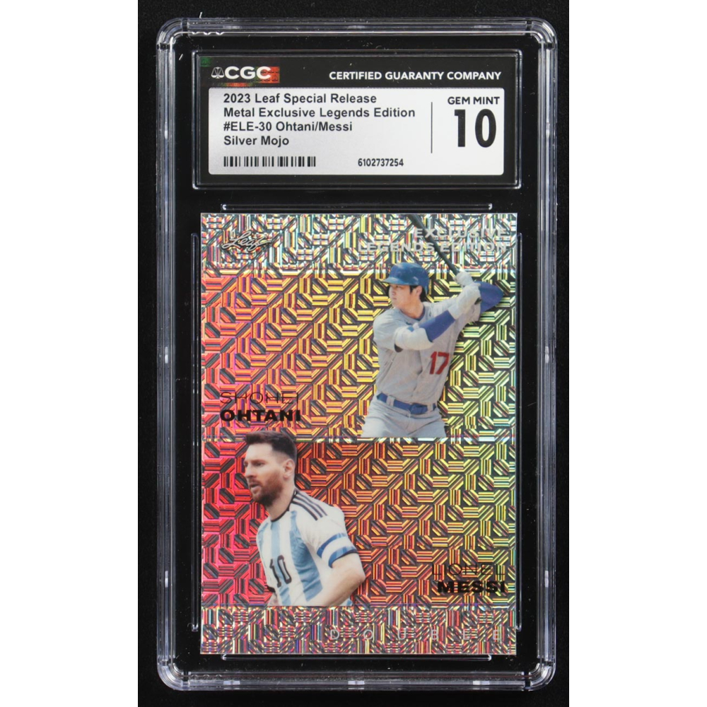 Lionel Messi / Shohei Ohtani 2023 Leaf Special Release Metal Exclusive Legends Edition Silver Mojo Double #ELE-30 #6/25 (CGC 10) at PristineAuction.com