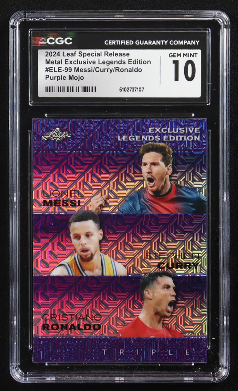 Stephen Curry / Lionel Messi / Cristiano Ronaldo 2024 Leaf Special Release Metal Exclusive Legends Edition Purple Mojo Triple #ELE-99 #7/15 (CGC 10) at PristineAuction.com Stephen Curry / Lionel Messi / Cristiano Ronaldo 2024 Leaf Special Release Metal Exclusive Legends Edition Purple Mojo Triple #ELE-99 #7/15 (CGC 10) at PristineAuction.com