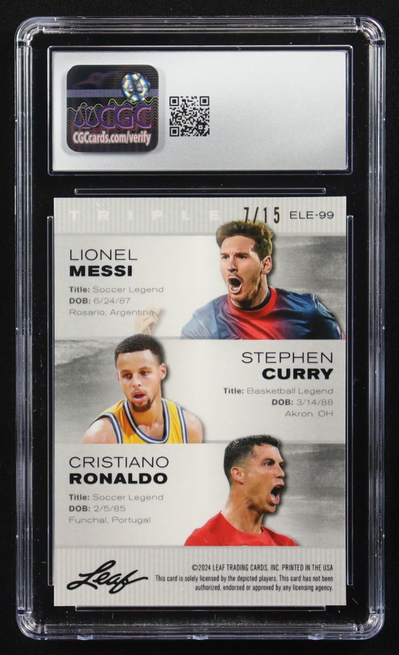 Stephen Curry / Lionel Messi / Cristiano Ronaldo 2024 Leaf Special Release Metal Exclusive Legends Edition Purple Mojo Triple #ELE-99 #7/15 (CGC 10) at PristineAuction.com Stephen Curry / Lionel Messi / Cristiano Ronaldo 2024 Leaf Special Release Metal Exclusive Legends Edition Purple Mojo Triple #ELE-99 #7/15 (CGC 10) at PristineAuction.com