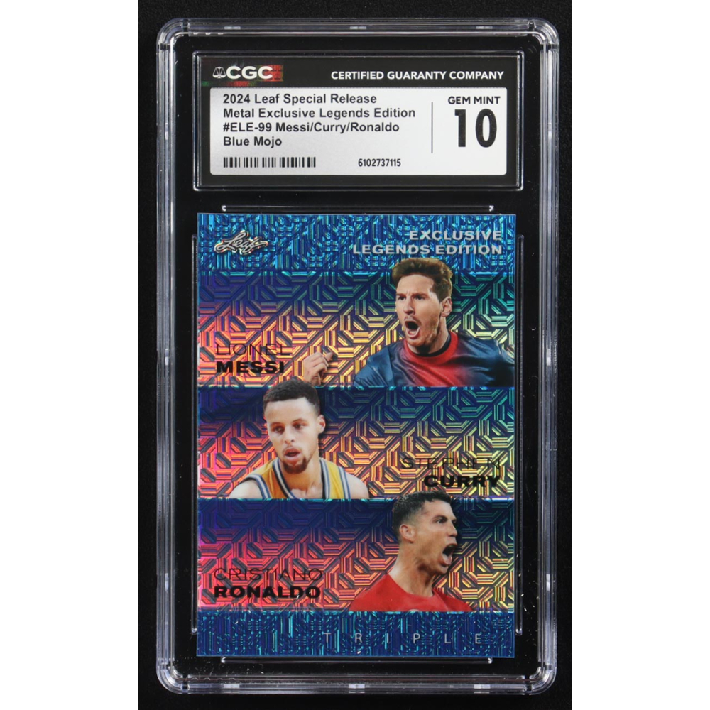 Stephen Curry / Lionel Messi / Cristiano Ronaldo 2024 Leaf Special Release Metal Exclusive Legends Edition Blue Mojo Triple #ELE-99 #19/20 (CGC 10) at PristineAuction.com