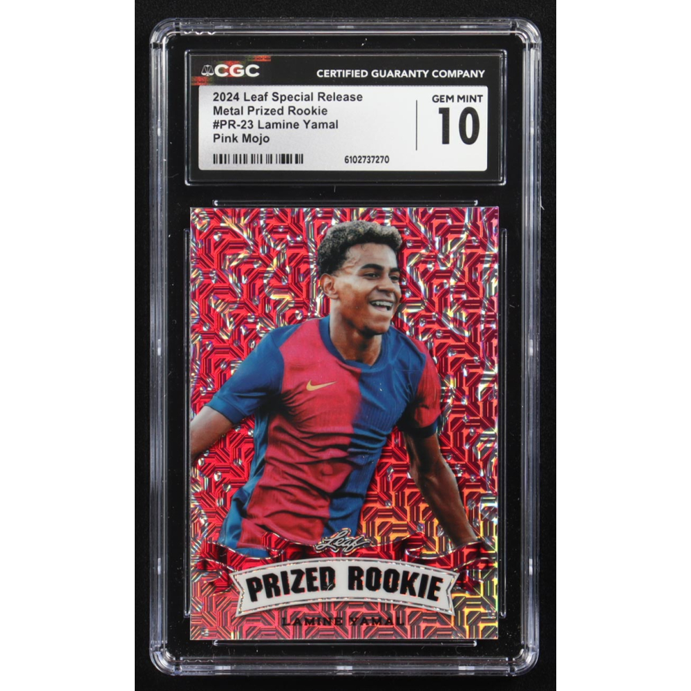 Lamine Yamal 2024 Leaf Special Release Metal Prized Rookie Pink Mojo #PR-23 RC #9/10 (CGC 10) at PristineAuction.com
