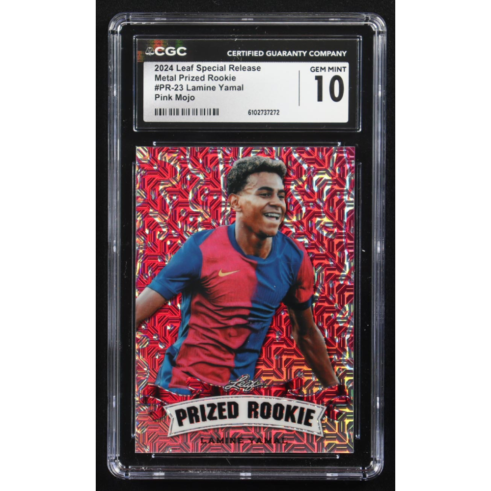 Lamine Yamal 2024 Leaf Special Release Metal Prized Rookie Pink Mojo #PR-23 RC #7/10 (CGC 10) at PristineAuction.com
