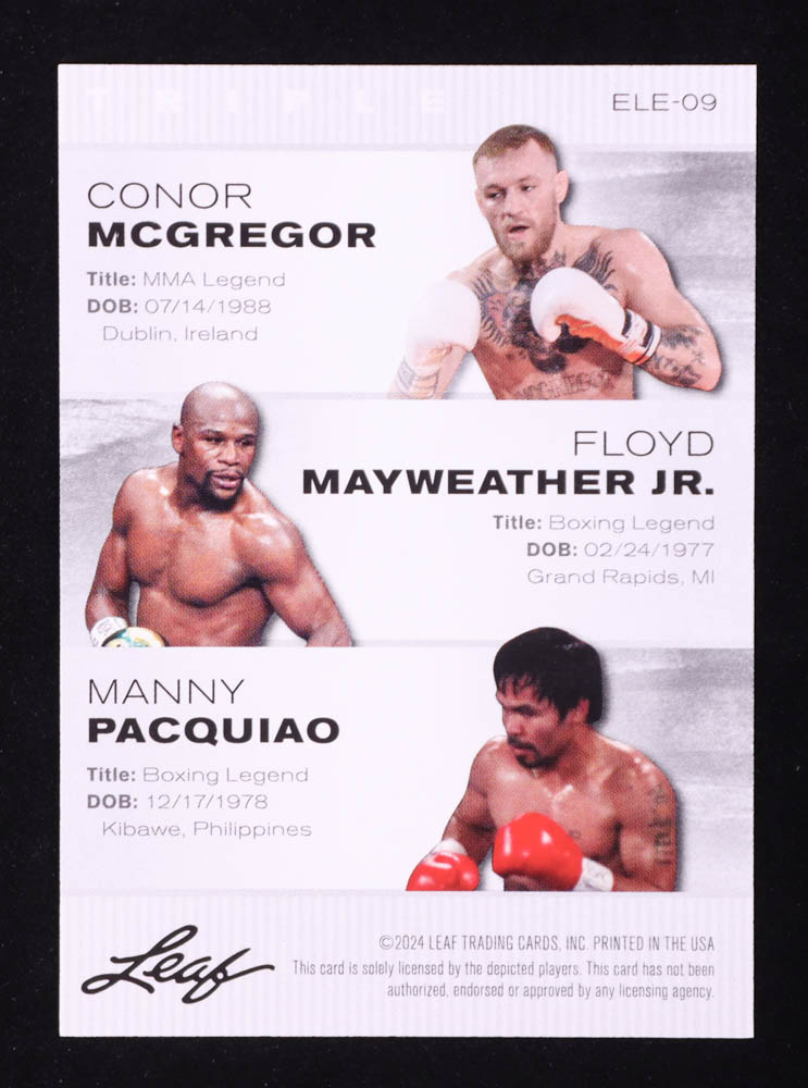 Conor McGregor / Floyd Mayweather Jr. / Manny Pacquiao 2024 Leaf Special Release Triple Legend Gold #ELE09 #12/25 at PristineAuction.com Conor McGregor / Floyd Mayweather Jr. / Manny Pacquiao 2024 Leaf Special Release Triple Legend Gold #ELE09 #12/25 at PristineAuction.com