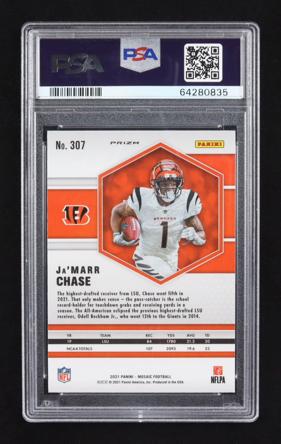 Ja'Marr Chase 2021 Panini Mosaic Prizm #307 RC (PSA 10) at PristineAuction.com Ja'Marr Chase 2021 Panini Mosaic Prizm #307 RC (PSA 10) at PristineAuction.com