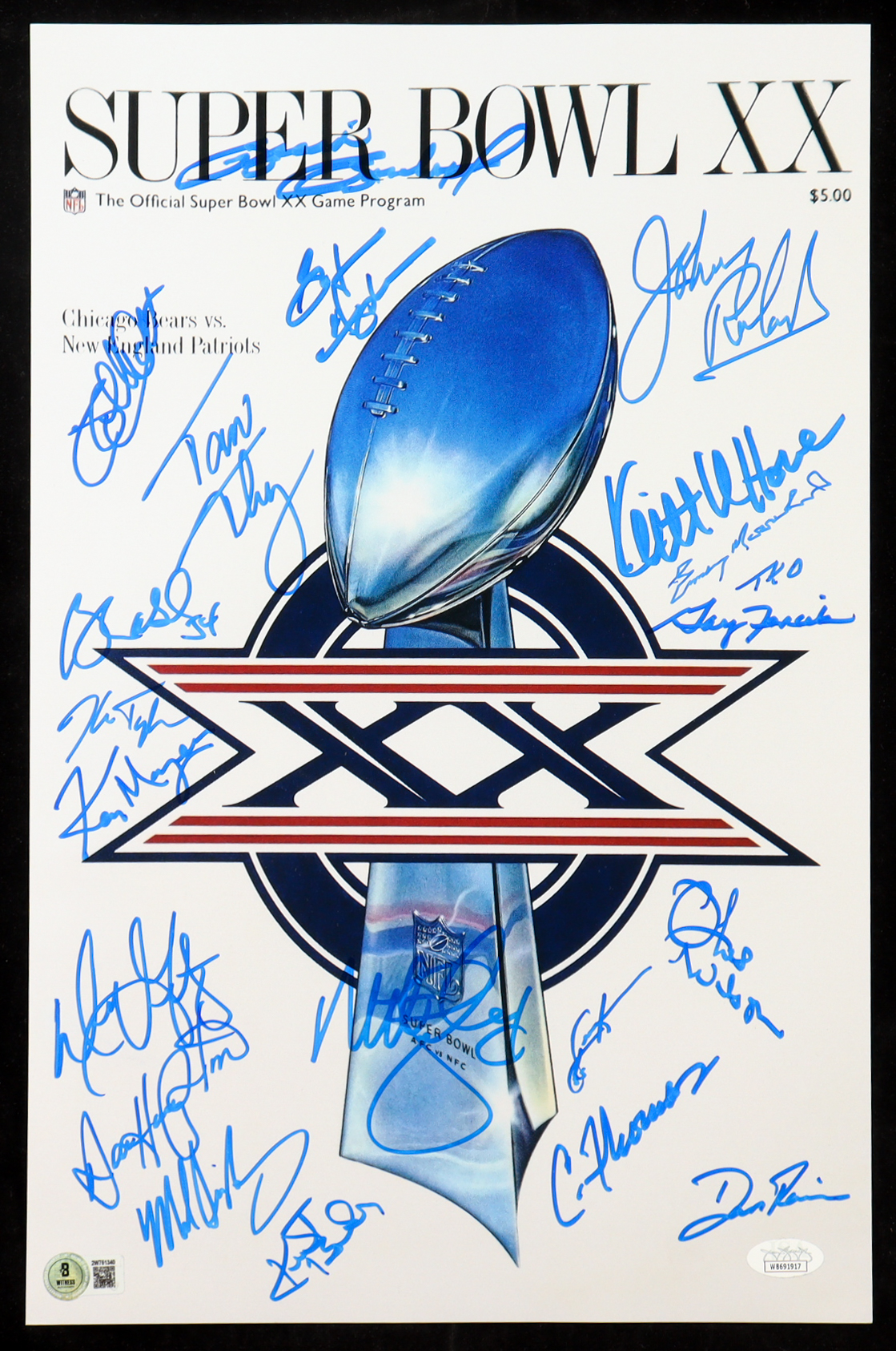 1985 Bears Super Bowl XX 11x17 Photo Team-Signed By (21) with Dan Hampton, Mike Singletary, Tom Thayer, Matt Suhey (Beckett & JSA) at PristineAuction.com 1985 Bears Super Bowl XX 11x17 Photo Team-Signed By (21) with Dan Hampton, Mike Singletary, Tom Thayer, Matt Suhey (Beckett & JSA) at PristineAuction.com