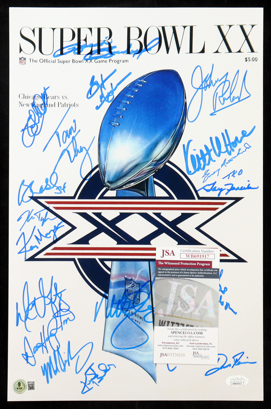 1985 Bears Super Bowl XX 11x17 Photo Team-Signed By (21) with Dan Hampton, Mike Singletary, Tom Thayer, Matt Suhey (Beckett & JSA) at PristineAuction.com 1985 Bears Super Bowl XX 11x17 Photo Team-Signed By (21) with Dan Hampton, Mike Singletary, Tom Thayer, Matt Suhey (Beckett & JSA) at PristineAuction.com