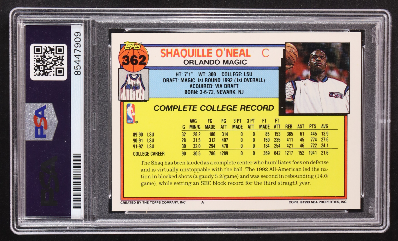 Shaquille O'Neal Signed 1992-93 Topps #362 RC (PSA | Auto Grade PSA 10) at PristineAuction.com Shaquille O'Neal Signed 1992-93 Topps #362 RC (PSA | Auto Grade PSA 10) at PristineAuction.com