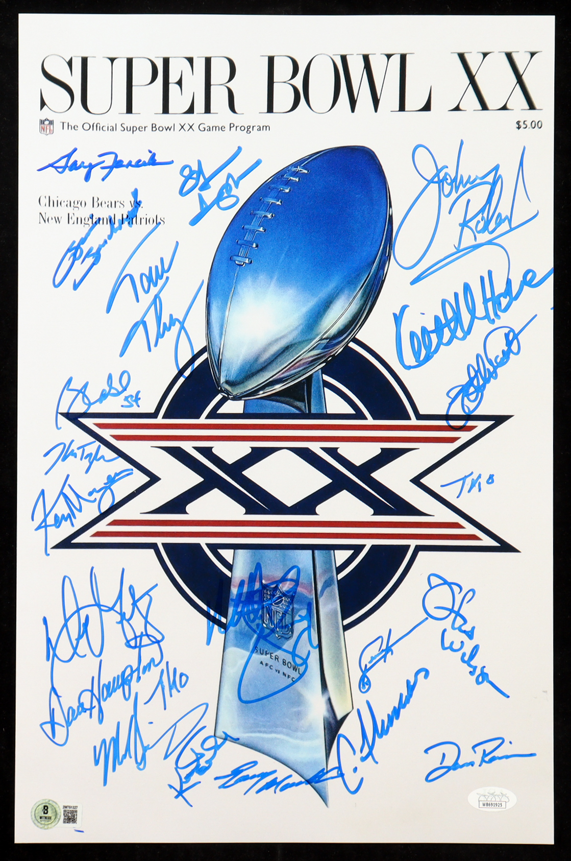 1985 Bears Super Bowl XX 11x17 Photo Team-Signed By (21) with Dan Hampton, Mike Singletary, Tom Thayer, Matt Suhey (Beckett & JSA) at PristineAuction.com 1985 Bears Super Bowl XX 11x17 Photo Team-Signed By (21) with Dan Hampton, Mike Singletary, Tom Thayer, Matt Suhey (Beckett & JSA) at PristineAuction.com
