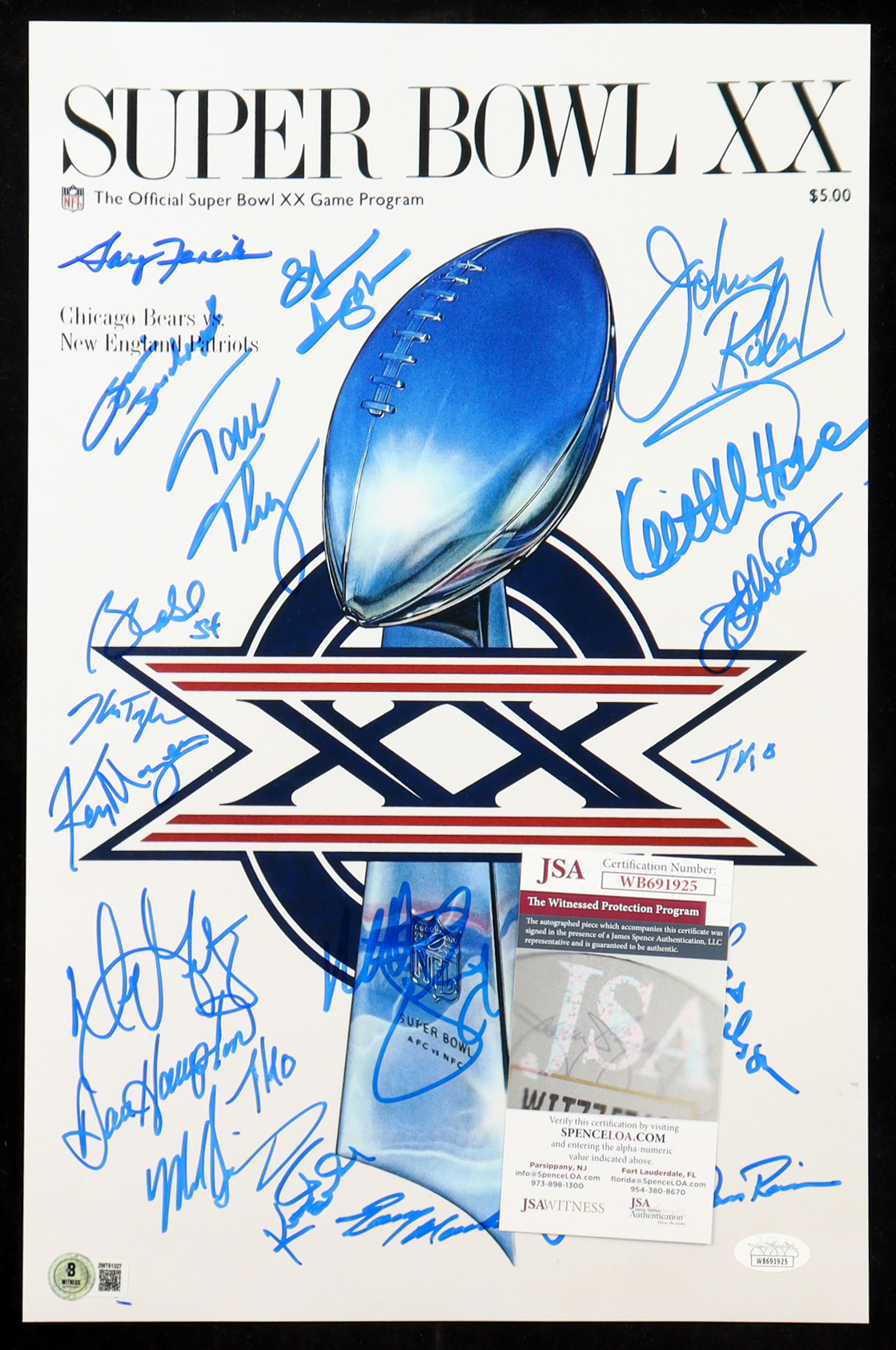 1985 Bears Super Bowl XX 11x17 Photo Team-Signed By (21) with Dan Hampton, Mike Singletary, Tom Thayer, Matt Suhey (Beckett & JSA) at PristineAuction.com 1985 Bears Super Bowl XX 11x17 Photo Team-Signed By (21) with Dan Hampton, Mike Singletary, Tom Thayer, Matt Suhey (Beckett & JSA) at PristineAuction.com