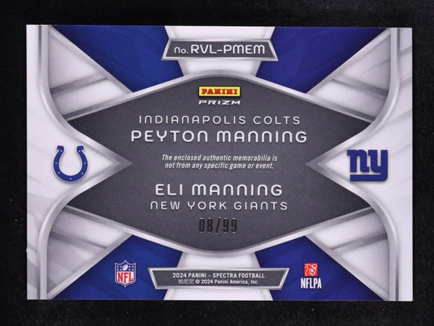 Eli Manning / Peyton Manning 2024 Panini Spectra Rivals Materials #8 #8/99 at PristineAuction.com Eli Manning / Peyton Manning 2024 Panini Spectra Rivals Materials #8 #8/99 at PristineAuction.com