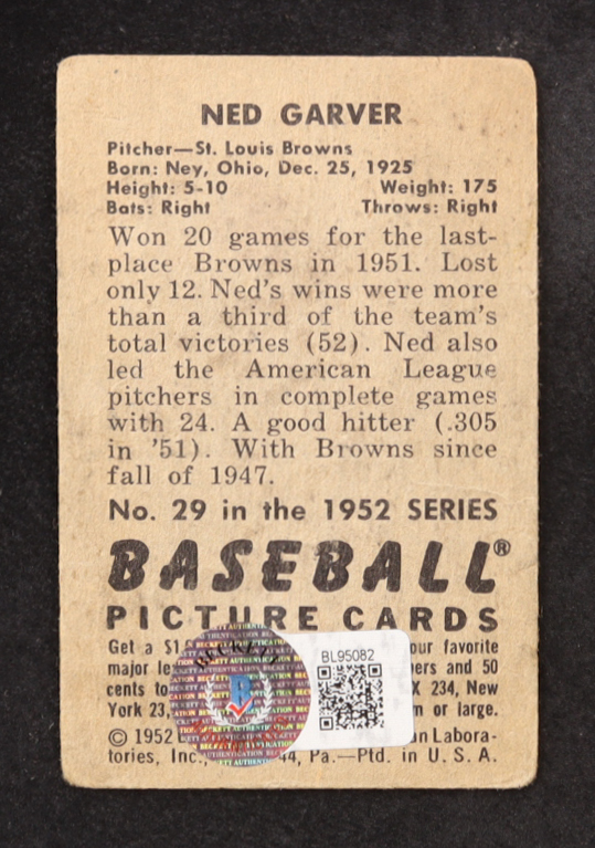 Ned Garver Signed 1952 Bowman #29 (Beckett) at PristineAuction.com Ned Garver Signed 1952 Bowman #29 (Beckett) at PristineAuction.com
