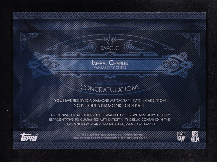 Jamaal Charles 2015 Topps Diamond Patch Autographs #DAPCJC EXCH #99/150 at PristineAuction.com Jamaal Charles 2015 Topps Diamond Patch Autographs #DAPCJC EXCH #99/150 at PristineAuction.com