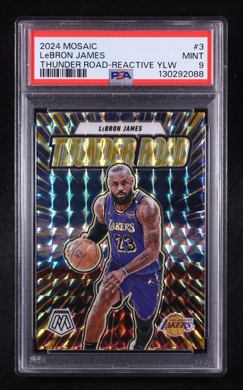 LeBron James 2024-25 Panini Mosaic Thunder Road Mosaic Reactive Yellow #3 #76/99 (PSA 9) at PristineAuction.com LeBron James 2024-25 Panini Mosaic Thunder Road Mosaic Reactive Yellow #3 #76/99 (PSA 9) at PristineAuction.com