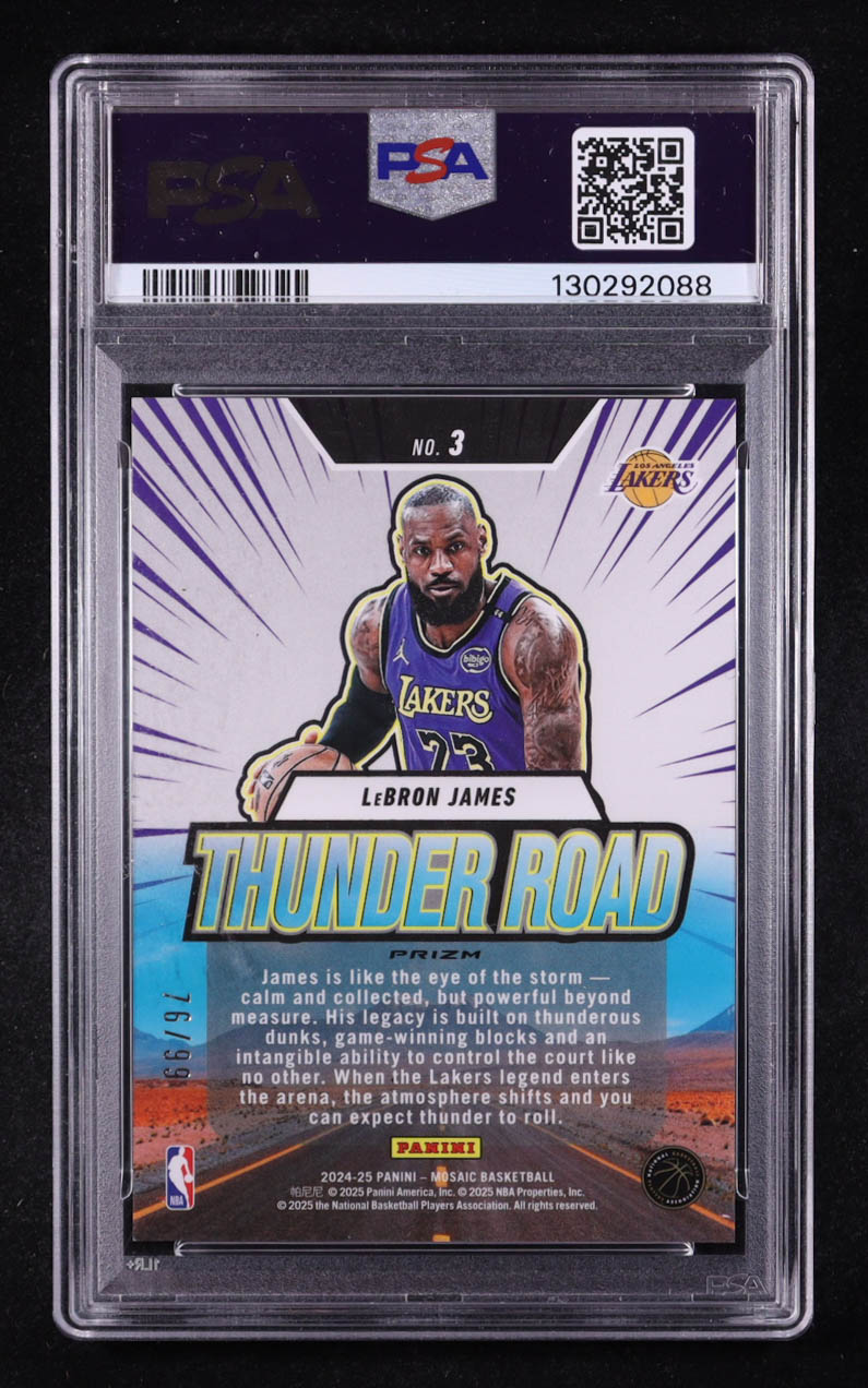 LeBron James 2024-25 Panini Mosaic Thunder Road Mosaic Reactive Yellow #3 #76/99 (PSA 9) at PristineAuction.com LeBron James 2024-25 Panini Mosaic Thunder Road Mosaic Reactive Yellow #3 #76/99 (PSA 9) at PristineAuction.com