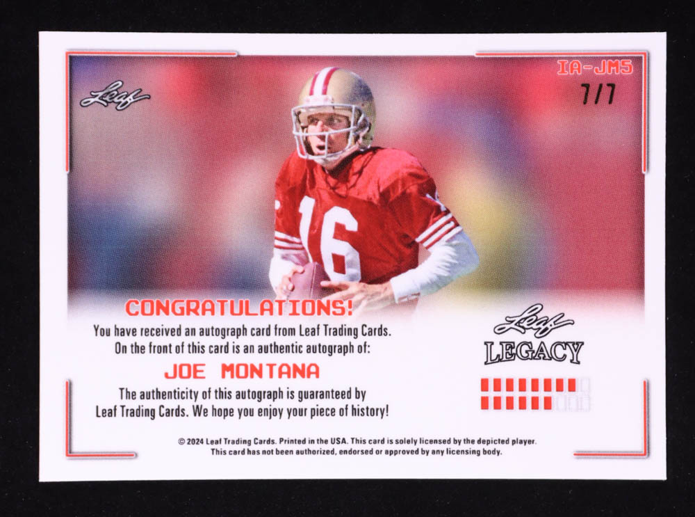 Joe Montana 2024 Leaf Joe Montana Legacy Collection Montana In Action Autographs Pink Prismatic #IAJM5 #7/7 at PristineAuction.com Joe Montana 2024 Leaf Joe Montana Legacy Collection Montana In Action Autographs Pink Prismatic #IAJM5 #7/7 at PristineAuction.com