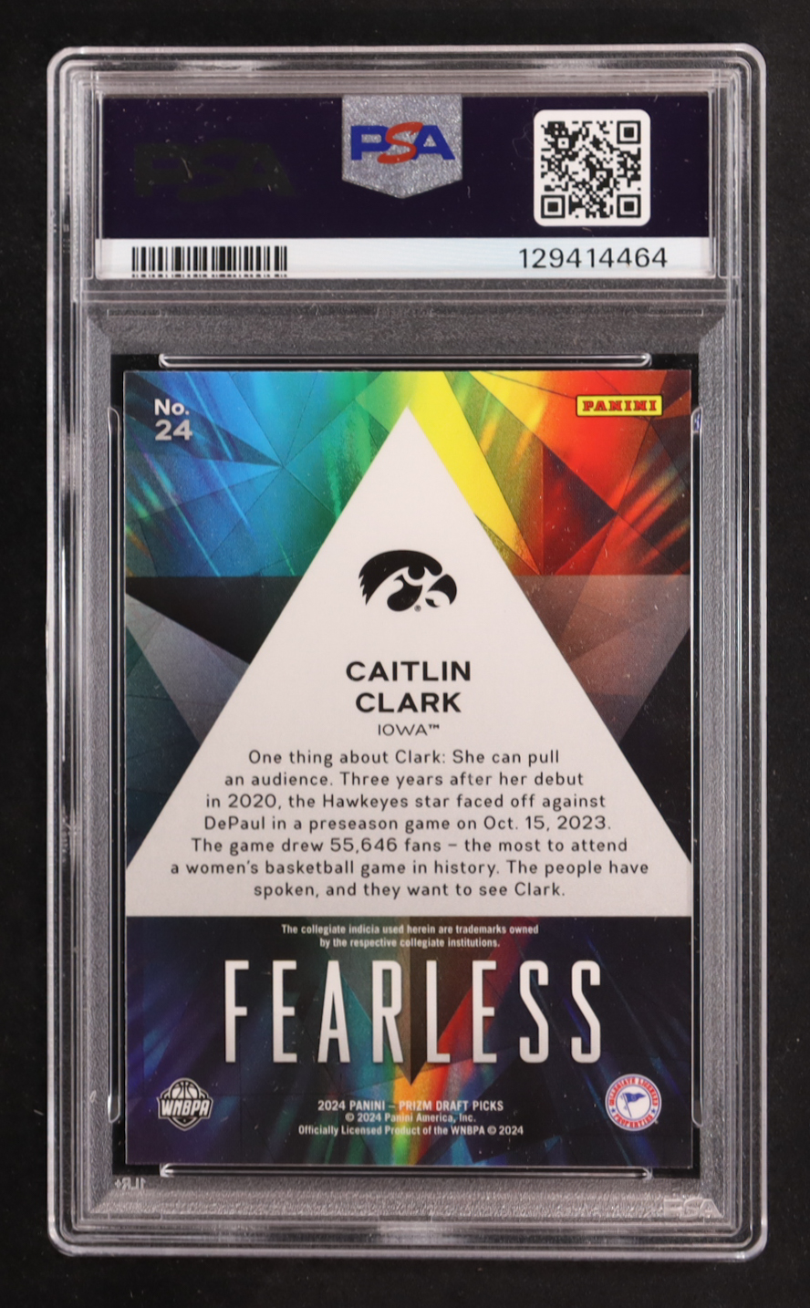 Caitlin Clark 2024-25 Panini Prizm Draft Picks Fearless #24 RC (PSA 9) at PristineAuction.com Caitlin Clark 2024-25 Panini Prizm Draft Picks Fearless #24 RC (PSA 9) at PristineAuction.com