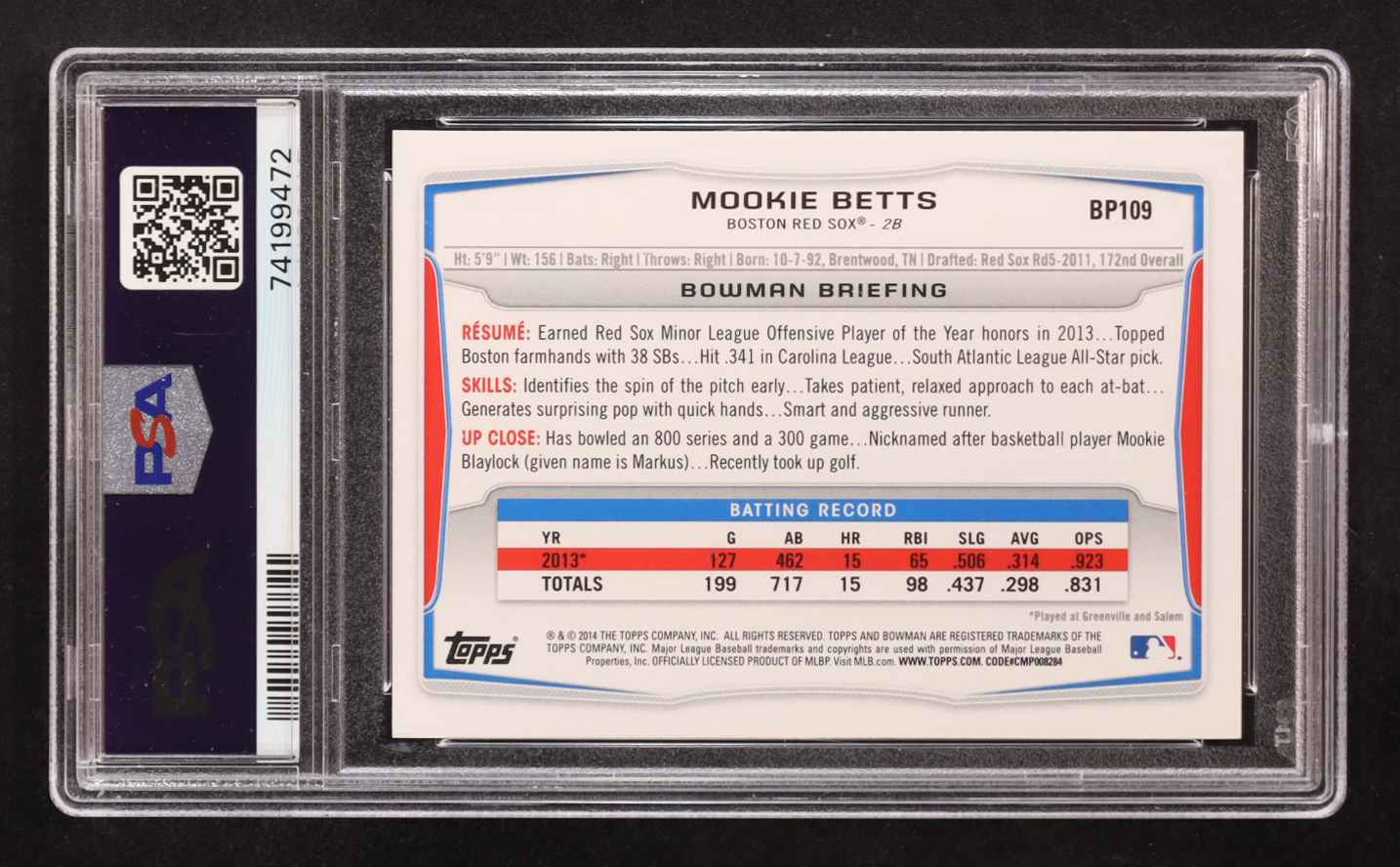 Mookie Betts 2014 Bowman Prospects #BP109 RC (PSA 10) at PristineAuction.com Mookie Betts 2014 Bowman Prospects #BP109 RC (PSA 10) at PristineAuction.com