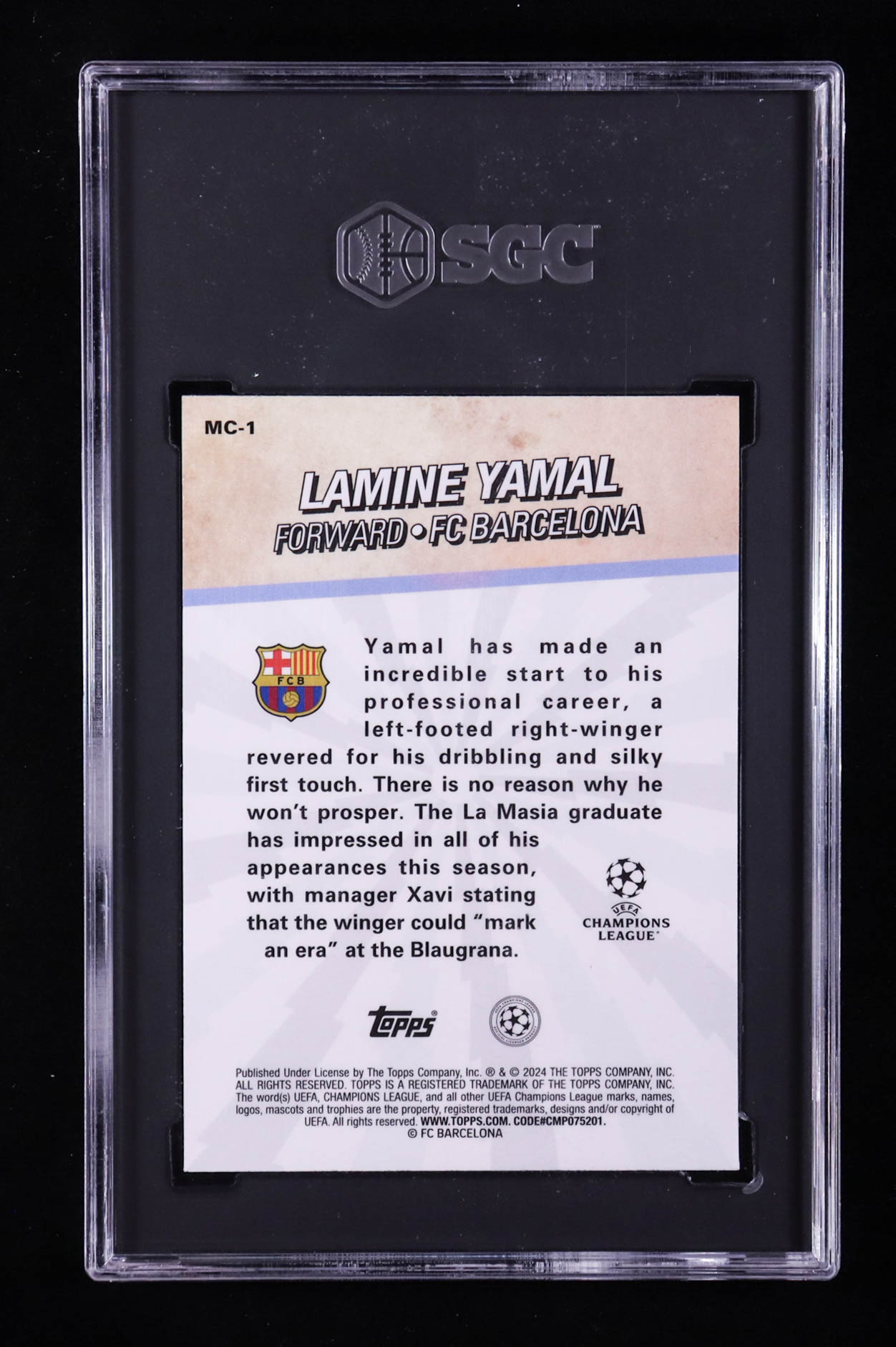 Lamine Yamal 2023-24 Merlin UEFA Club Competitions Merlins Chosen One #MC1 RC (SGC 9.5) at PristineAuction.com Lamine Yamal 2023-24 Merlin UEFA Club Competitions Merlins Chosen One #MC1 RC (SGC 9.5) at PristineAuction.com
