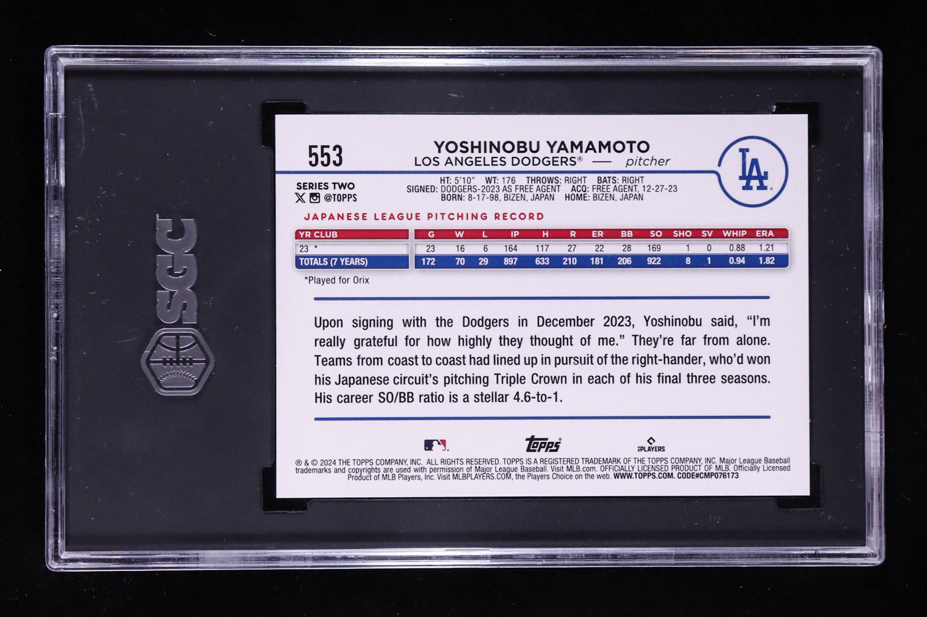 Yoshinobu Yamamoto 2024 Topps Rainbow Foil #553 RC (SGC 9.5) at PristineAuction.com Yoshinobu Yamamoto 2024 Topps Rainbow Foil #553 RC (SGC 9.5) at PristineAuction.com