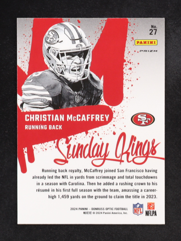 Christian McCaffrey 2024 Donruss Optic Sunday Kings #27 at PristineAuction.com Christian McCaffrey 2024 Donruss Optic Sunday Kings #27 at PristineAuction.com