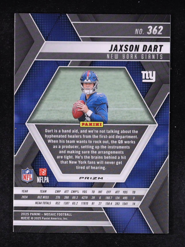 Jaxson Dart 2025 Panini Mosaic Mosaic Reactive Yellow #362 RC at PristineAuction.com Jaxson Dart 2025 Panini Mosaic Mosaic Reactive Yellow #362 RC at PristineAuction.com