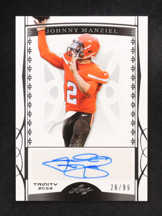 Johnny Manziel 2022 Leaf Trinity Autographs Silver Foil #BAJM1 #26/99 at PristineAuction.com Johnny Manziel 2022 Leaf Trinity Autographs Silver Foil #BAJM1 #26/99 at PristineAuction.com