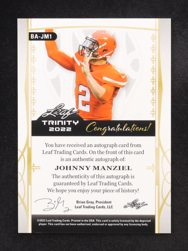 Johnny Manziel 2022 Leaf Trinity Autographs Silver Foil #BAJM1 #26/99 at PristineAuction.com Johnny Manziel 2022 Leaf Trinity Autographs Silver Foil #BAJM1 #26/99 at PristineAuction.com