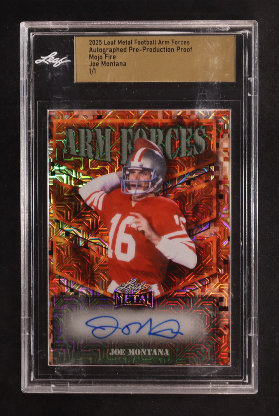 Joe Montana 2025 Leaf Metal Arm Forces Autograph Mojo Fire Pre-Production Proof #NNO #1/1 (Leaf) at PristineAuction.com Joe Montana 2025 Leaf Metal Arm Forces Autograph Mojo Fire Pre-Production Proof #NNO #1/1 (Leaf) at PristineAuction.com