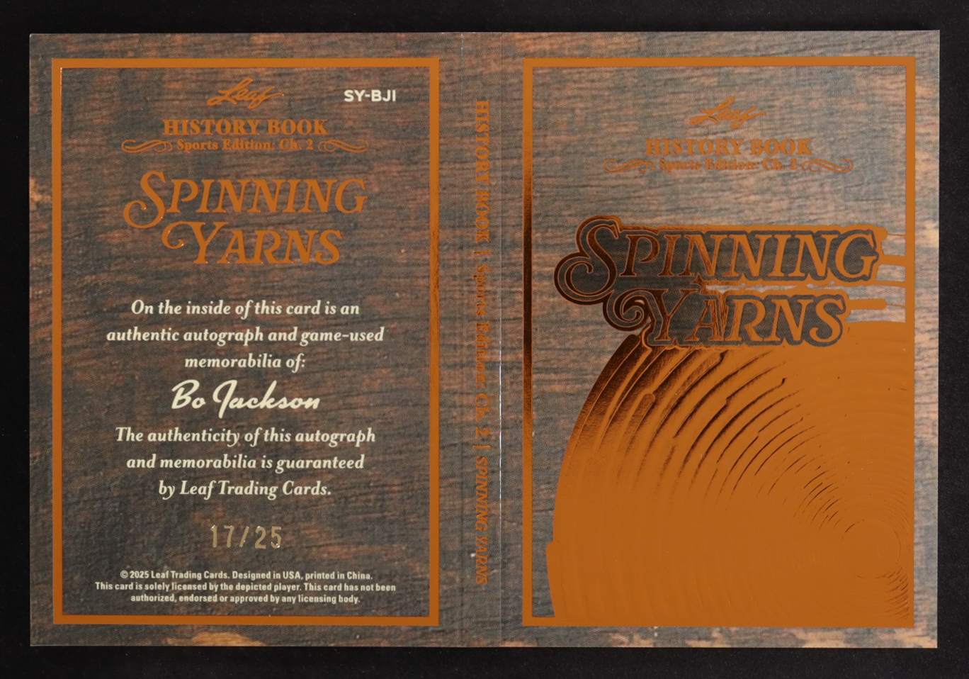 Bo Jackson 2025 Leaf History Book Sports Edition Chapter 2 Spinning Yarns Bronze Foil #SYBJ1 #17/25 at PristineAuction.com Bo Jackson 2025 Leaf History Book Sports Edition Chapter 2 Spinning Yarns Bronze Foil #SYBJ1 #17/25 at PristineAuction.com