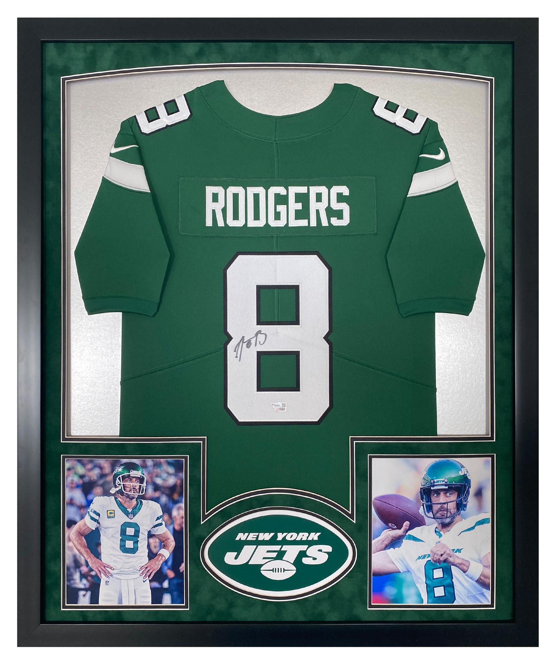 Aaron Rodgers Signed Jets Custom Framed Jersey Display with LED Lights (Fanatics) at PristineAuction.com Aaron Rodgers Signed Jets Custom Framed Jersey Display with LED Lights (Fanatics) at PristineAuction.com