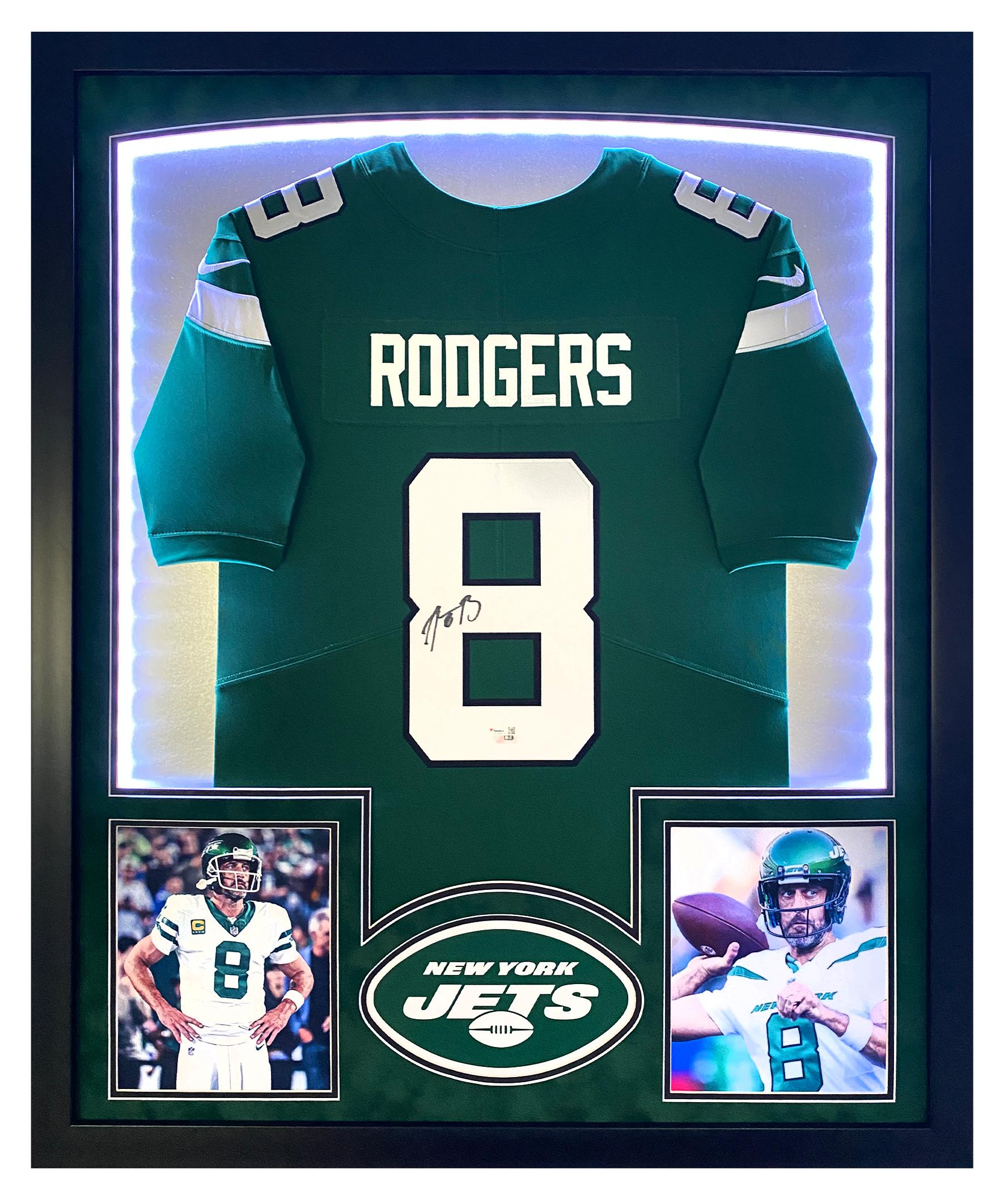 Aaron Rodgers Signed Jets Custom Framed Jersey Display with LED Lights (Fanatics) at PristineAuction.com Aaron Rodgers Signed Jets Custom Framed Jersey Display with LED Lights (Fanatics) at PristineAuction.com