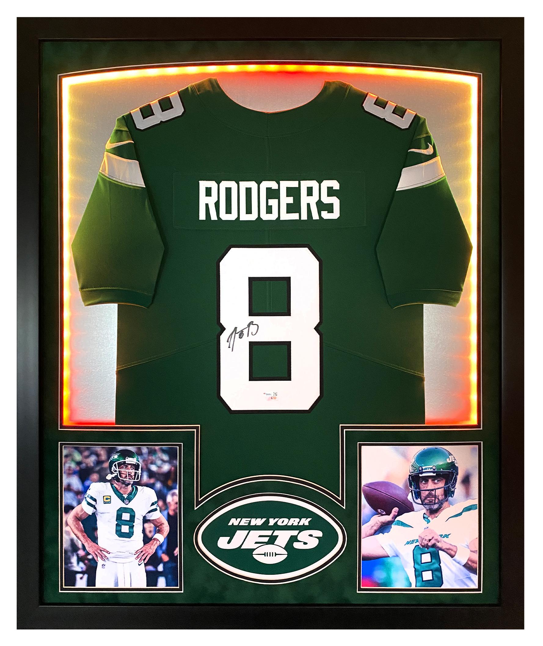 Aaron Rodgers Signed Jets Custom Framed Jersey Display with LED Lights (Fanatics) at PristineAuction.com Aaron Rodgers Signed Jets Custom Framed Jersey Display with LED Lights (Fanatics) at PristineAuction.com