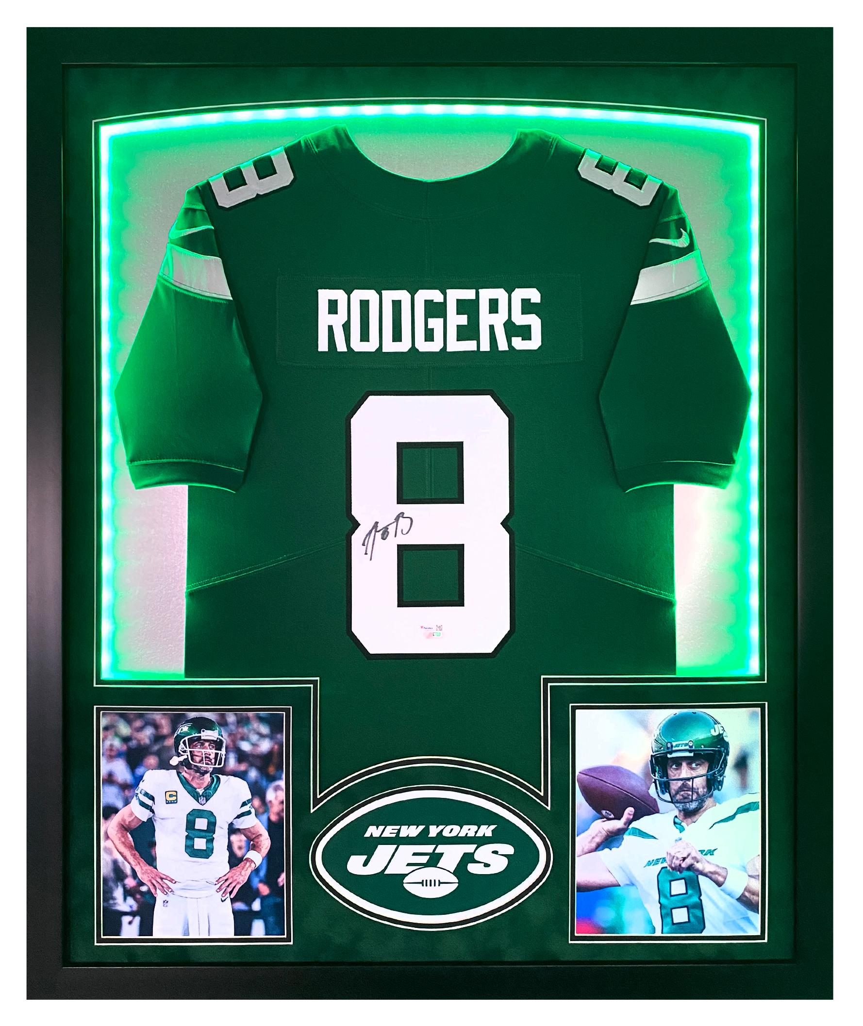 Aaron Rodgers Signed Jets Custom Framed Jersey Display with LED Lights (Fanatics) at PristineAuction.com Aaron Rodgers Signed Jets Custom Framed Jersey Display with LED Lights (Fanatics) at PristineAuction.com