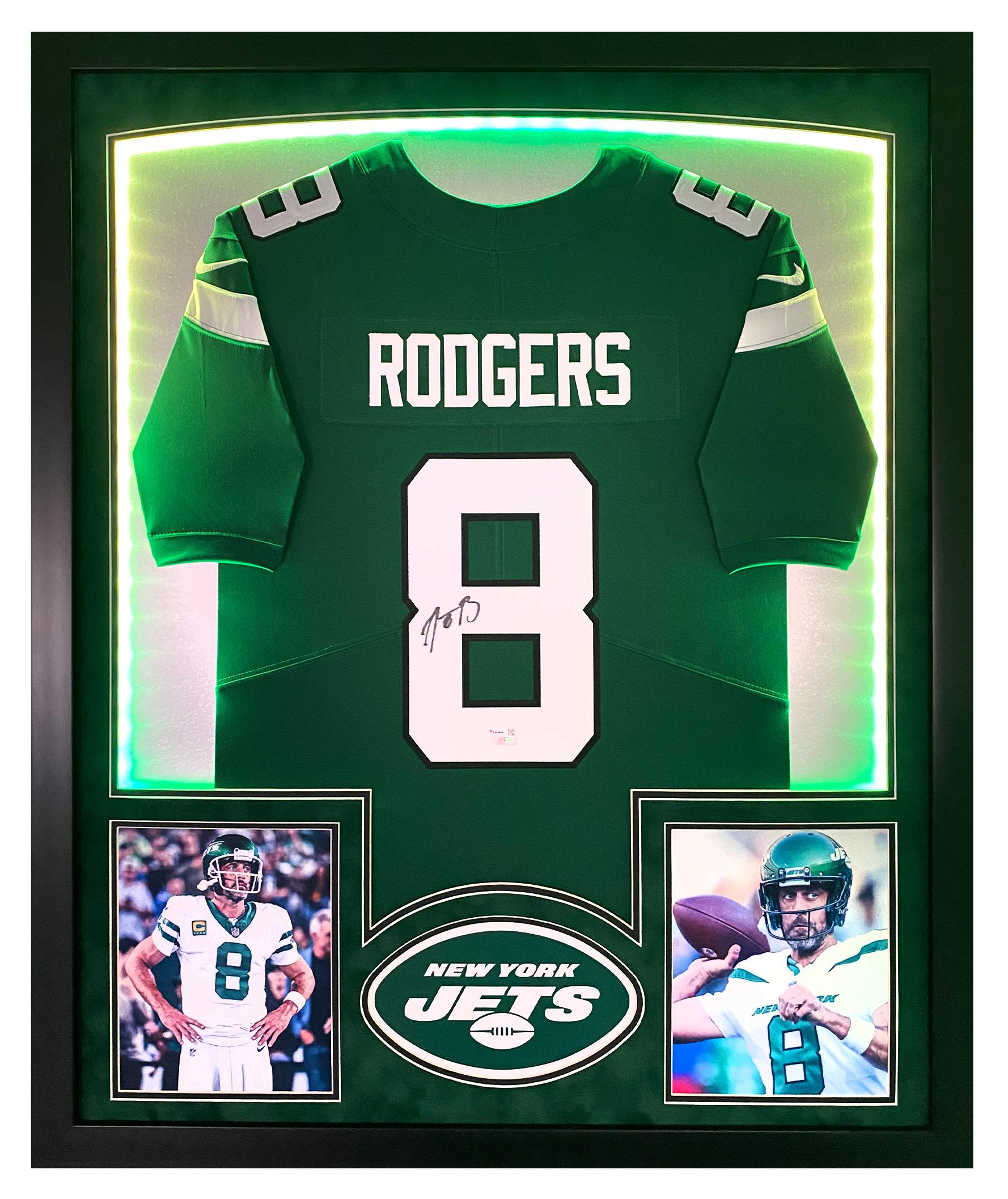 Aaron Rodgers Signed Jets Custom Framed Jersey Display with LED Lights (Fanatics) at PristineAuction.com Aaron Rodgers Signed Jets Custom Framed Jersey Display with LED Lights (Fanatics) at PristineAuction.com