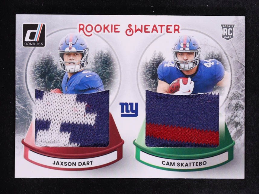Cam Skattebo / Jaxson Dart 2025 Donruss Rookie Holiday Sweater Dual #3 RC at PristineAuction.com Cam Skattebo / Jaxson Dart 2025 Donruss Rookie Holiday Sweater Dual #3 RC at PristineAuction.com