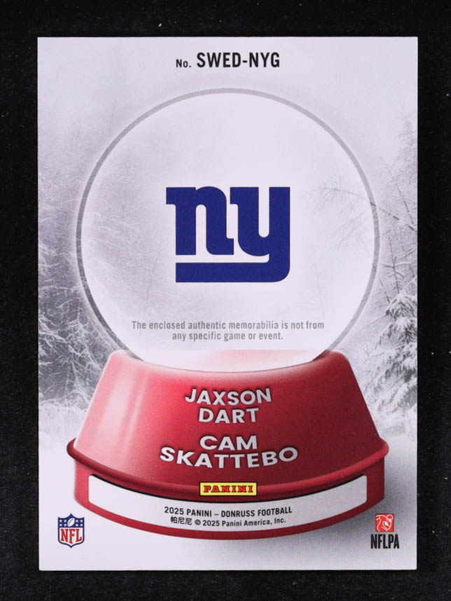 Cam Skattebo / Jaxson Dart 2025 Donruss Rookie Holiday Sweater Dual #3 RC at PristineAuction.com Cam Skattebo / Jaxson Dart 2025 Donruss Rookie Holiday Sweater Dual #3 RC at PristineAuction.com